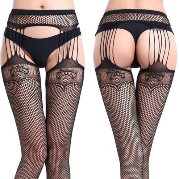 Sexy Sheer Stretchy Black Strappy Fishnet Tights - Picture 3 of 3